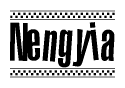 The image is a black and white clipart of the text Nengyia in a bold, italicized font. The text is bordered by a dotted line on the top and bottom, and there are checkered flags positioned at both ends of the text, usually associated with racing or finishing lines.