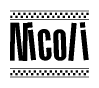 The clipart image displays the text Nicoli in a bold, stylized font. It is enclosed in a rectangular border with a checkerboard pattern running below and above the text, similar to a finish line in racing. 