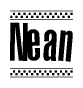 The clipart image displays the text Nean in a bold, stylized font. It is enclosed in a rectangular border with a checkerboard pattern running below and above the text, similar to a finish line in racing. 