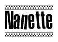 The image contains the text Nanette in a bold, stylized font, with a checkered flag pattern bordering the top and bottom of the text.