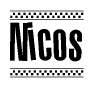 The image is a black and white clipart of the text Nicos in a bold, italicized font. The text is bordered by a dotted line on the top and bottom, and there are checkered flags positioned at both ends of the text, usually associated with racing or finishing lines.