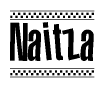 The image is a black and white clipart of the text Naitza in a bold, italicized font. The text is bordered by a dotted line on the top and bottom, and there are checkered flags positioned at both ends of the text, usually associated with racing or finishing lines.