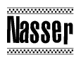 The image is a black and white clipart of the text Nasser in a bold, italicized font. The text is bordered by a dotted line on the top and bottom, and there are checkered flags positioned at both ends of the text, usually associated with racing or finishing lines.