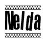 The image contains the text Nelda in a bold, stylized font, with a checkered flag pattern bordering the top and bottom of the text.