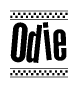 The clipart image displays the text Odie in a bold, stylized font. It is enclosed in a rectangular border with a checkerboard pattern running below and above the text, similar to a finish line in racing. 