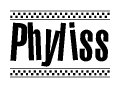 The image contains the text Phyliss in a bold, stylized font, with a checkered flag pattern bordering the top and bottom of the text.