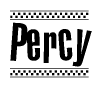 The image contains the text Percy in a bold, stylized font, with a checkered flag pattern bordering the top and bottom of the text.