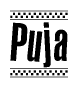 The image is a black and white clipart of the text Puja in a bold, italicized font. The text is bordered by a dotted line on the top and bottom, and there are checkered flags positioned at both ends of the text, usually associated with racing or finishing lines.