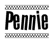 The image contains the text Pennie in a bold, stylized font, with a checkered flag pattern bordering the top and bottom of the text.