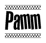 The image contains the text Pamm in a bold, stylized font, with a checkered flag pattern bordering the top and bottom of the text.
