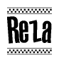 The clipart image displays the text Reza in a bold, stylized font. It is enclosed in a rectangular border with a checkerboard pattern running below and above the text, similar to a finish line in racing. 