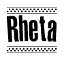 The clipart image displays the text Rheta in a bold, stylized font. It is enclosed in a rectangular border with a checkerboard pattern running below and above the text, similar to a finish line in racing. 