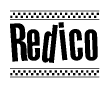 The image contains the text Redico in a bold, stylized font, with a checkered flag pattern bordering the top and bottom of the text.