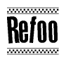 The image contains the text Refoo in a bold, stylized font, with a checkered flag pattern bordering the top and bottom of the text.