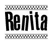 The clipart image displays the text Renita in a bold, stylized font. It is enclosed in a rectangular border with a checkerboard pattern running below and above the text, similar to a finish line in racing. 