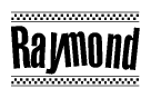 The image contains the text Raymond in a bold, stylized font, with a checkered flag pattern bordering the top and bottom of the text.