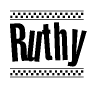 The image contains the text Ruthy in a bold, stylized font, with a checkered flag pattern bordering the top and bottom of the text.
