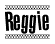 The clipart image displays the text Reggie in a bold, stylized font. It is enclosed in a rectangular border with a checkerboard pattern running below and above the text, similar to a finish line in racing. 
