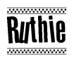The image is a black and white clipart of the text Ruthie in a bold, italicized font. The text is bordered by a dotted line on the top and bottom, and there are checkered flags positioned at both ends of the text, usually associated with racing or finishing lines.