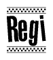 The image contains the text Regi in a bold, stylized font, with a checkered flag pattern bordering the top and bottom of the text.