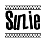The image is a black and white clipart of the text Suzie in a bold, italicized font. The text is bordered by a dotted line on the top and bottom, and there are checkered flags positioned at both ends of the text, usually associated with racing or finishing lines.