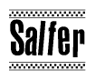 The image is a black and white clipart of the text Salfer in a bold, italicized font. The text is bordered by a dotted line on the top and bottom, and there are checkered flags positioned at both ends of the text, usually associated with racing or finishing lines.