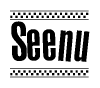 The image contains the text Seenu in a bold, stylized font, with a checkered flag pattern bordering the top and bottom of the text.
