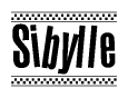 The image is a black and white clipart of the text Sibylle in a bold, italicized font. The text is bordered by a dotted line on the top and bottom, and there are checkered flags positioned at both ends of the text, usually associated with racing or finishing lines.