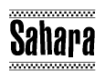 The clipart image displays the text Sahara in a bold, stylized font. It is enclosed in a rectangular border with a checkerboard pattern running below and above the text, similar to a finish line in racing. 