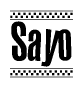 The clipart image displays the text Sayo in a bold, stylized font. It is enclosed in a rectangular border with a checkerboard pattern running below and above the text, similar to a finish line in racing. 