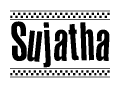 The image is a black and white clipart of the text Sujatha in a bold, italicized font. The text is bordered by a dotted line on the top and bottom, and there are checkered flags positioned at both ends of the text, usually associated with racing or finishing lines.