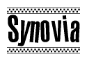 The image is a black and white clipart of the text Synovia in a bold, italicized font. The text is bordered by a dotted line on the top and bottom, and there are checkered flags positioned at both ends of the text, usually associated with racing or finishing lines.