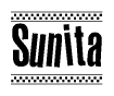 The image contains the text Sunita in a bold, stylized font, with a checkered flag pattern bordering the top and bottom of the text.