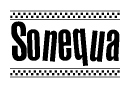 The image is a black and white clipart of the text Sonequa in a bold, italicized font. The text is bordered by a dotted line on the top and bottom, and there are checkered flags positioned at both ends of the text, usually associated with racing or finishing lines.