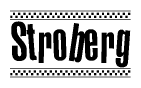 The image contains the text Stroberg in a bold, stylized font, with a checkered flag pattern bordering the top and bottom of the text.