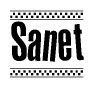 The image is a black and white clipart of the text Sanet in a bold, italicized font. The text is bordered by a dotted line on the top and bottom, and there are checkered flags positioned at both ends of the text, usually associated with racing or finishing lines.