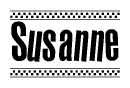 The clipart image displays the text Susanne in a bold, stylized font. It is enclosed in a rectangular border with a checkerboard pattern running below and above the text, similar to a finish line in racing. 
