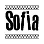 The image is a black and white clipart of the text Sofia in a bold, italicized font. The text is bordered by a dotted line on the top and bottom, and there are checkered flags positioned at both ends of the text, usually associated with racing or finishing lines.