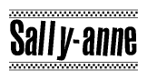 The image contains the text Sally-anne in a bold, stylized font, with a checkered flag pattern bordering the top and bottom of the text.
