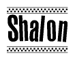 The clipart image displays the text Shalon in a bold, stylized font. It is enclosed in a rectangular border with a checkerboard pattern running below and above the text, similar to a finish line in racing. 