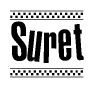 The clipart image displays the text Suret in a bold, stylized font. It is enclosed in a rectangular border with a checkerboard pattern running below and above the text, similar to a finish line in racing. 