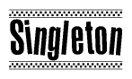 The image is a black and white clipart of the text Singleton in a bold, italicized font. The text is bordered by a dotted line on the top and bottom, and there are checkered flags positioned at both ends of the text, usually associated with racing or finishing lines.