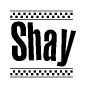 The clipart image displays the text Shay in a bold, stylized font. It is enclosed in a rectangular border with a checkerboard pattern running below and above the text, similar to a finish line in racing. 