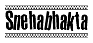 The image contains the text Snehabhakta in a bold, stylized font, with a checkered flag pattern bordering the top and bottom of the text.