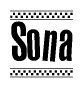 The image contains the text Sona in a bold, stylized font, with a checkered flag pattern bordering the top and bottom of the text.