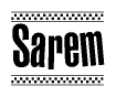 The image contains the text Sarem in a bold, stylized font, with a checkered flag pattern bordering the top and bottom of the text.