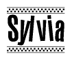 The image is a black and white clipart of the text Sylvia in a bold, italicized font. The text is bordered by a dotted line on the top and bottom, and there are checkered flags positioned at both ends of the text, usually associated with racing or finishing lines.