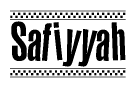 The image contains the text Safiyyah in a bold, stylized font, with a checkered flag pattern bordering the top and bottom of the text.