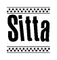 The image is a black and white clipart of the text Sitta in a bold, italicized font. The text is bordered by a dotted line on the top and bottom, and there are checkered flags positioned at both ends of the text, usually associated with racing or finishing lines.