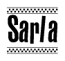 The image is a black and white clipart of the text Sarla in a bold, italicized font. The text is bordered by a dotted line on the top and bottom, and there are checkered flags positioned at both ends of the text, usually associated with racing or finishing lines.